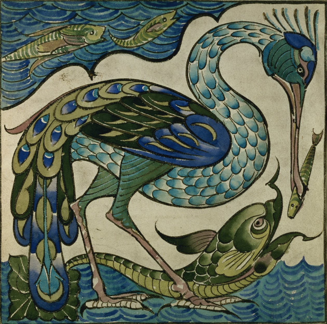 Motif de carreau de héron et poisson, par Walter Crane - Walter Crane