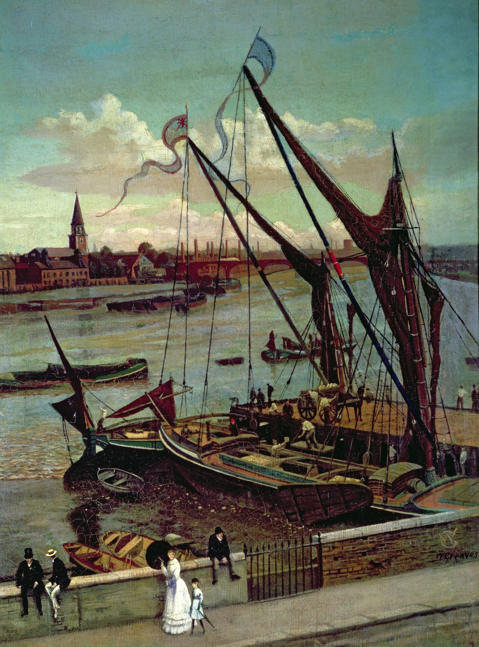 Déchargement de la barge, Lindsay Jetty et église de Battersea, vers 1860 - Walter Greaves