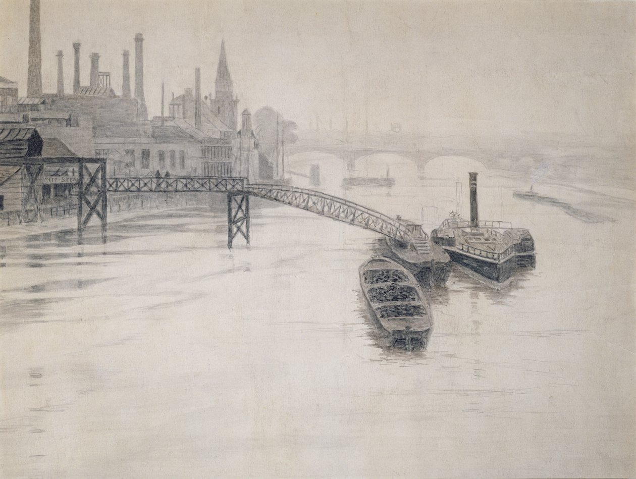 Vue de la Tamise, Jetée de la City Stream Company, Centrale électrique de Battersea - Walter Greaves