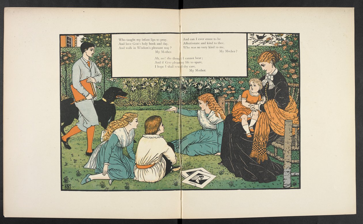 Une famille dans un jardin. - Walter Crane