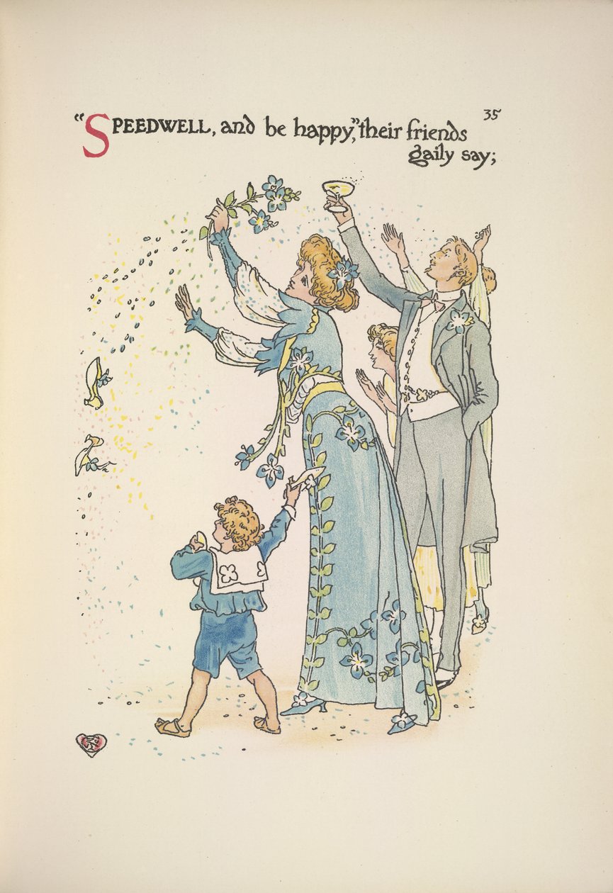 Speedwell. Les invités du mariage jetant des confettis - Walter Crane