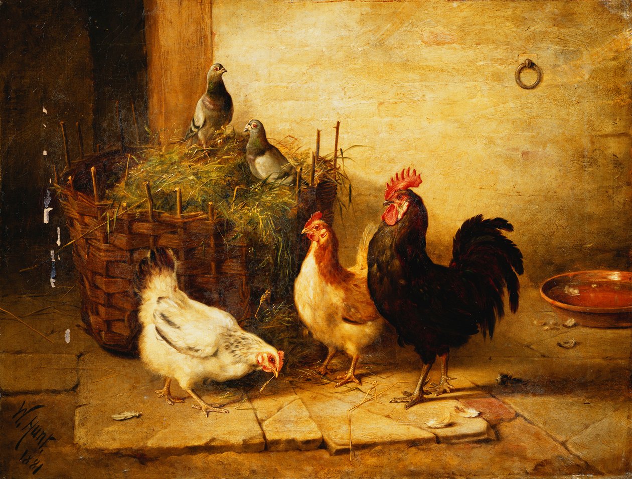 Volaille et pigeons dans un intérieur - Walter Hunt