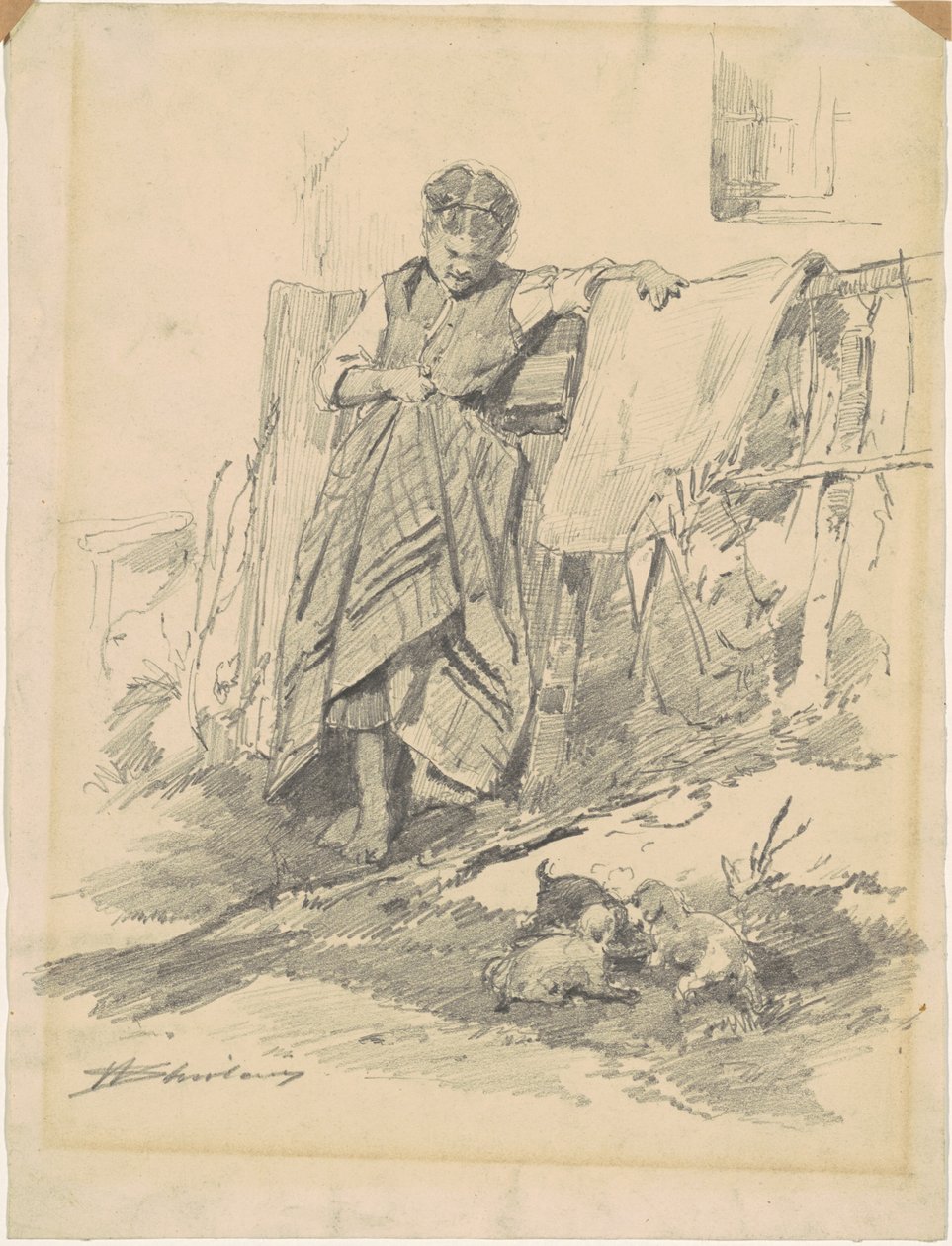 Femme regardant des chiots - Walter Shirlaw