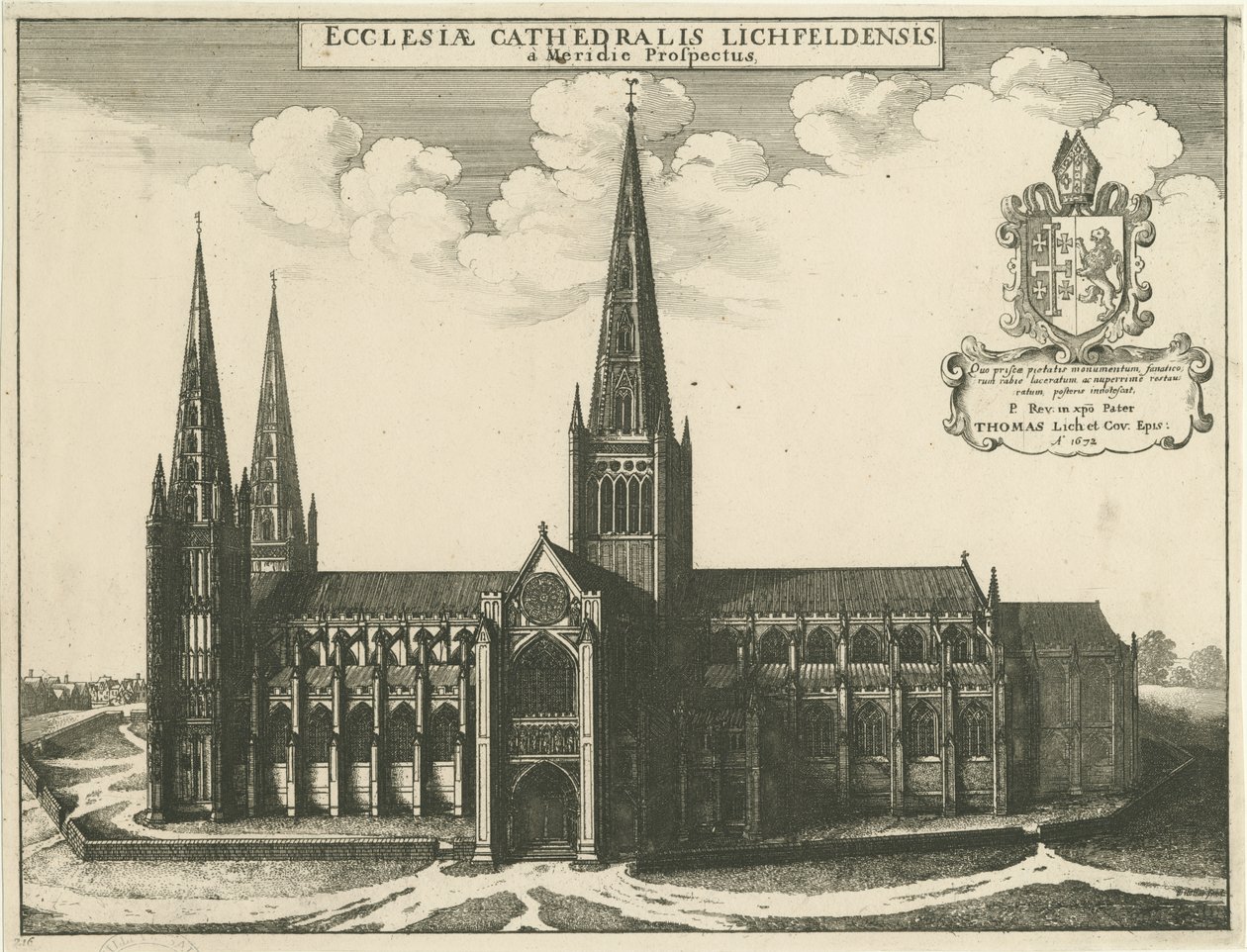 Cathédrale de Lichfield - Vue sud : gravure, 1672 - Wenceslaus Hollar