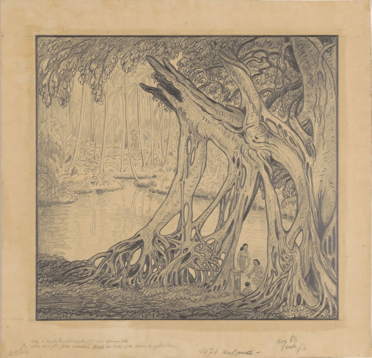 Forêt tropicale avec baigneuses - Wijnand Otto Jan Nieuwenkamp