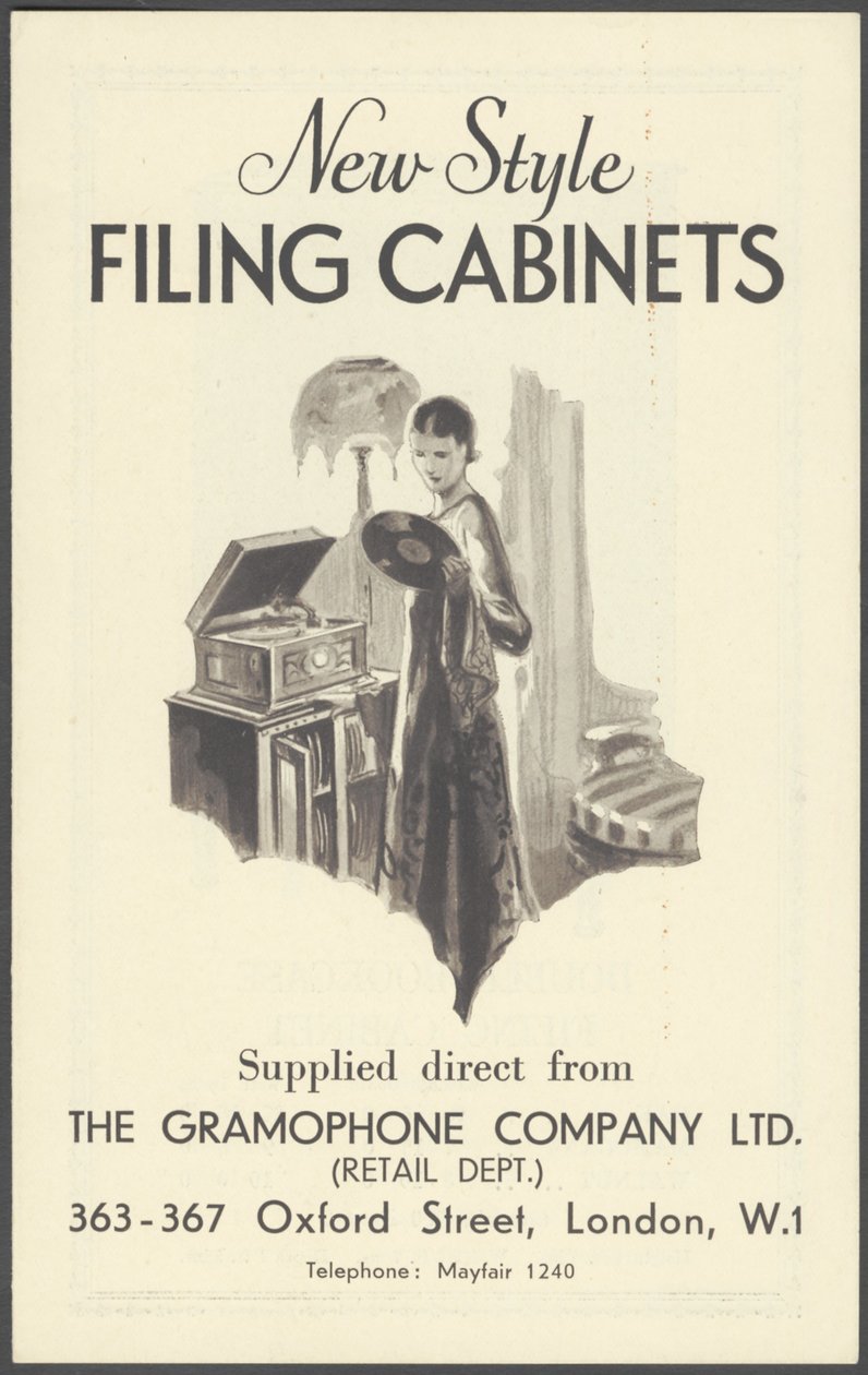 Armoires de classement de la Gramophone Company, années 1920 - Wilfred Fryer, Curtis Advertising Agency