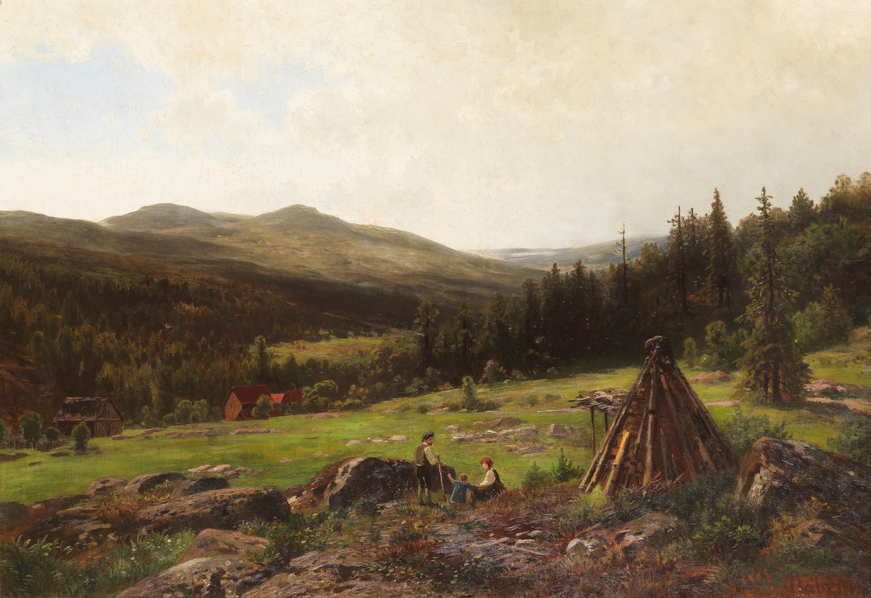 Famille de charbonniers devant un vaste paysage vallonné - Wilhelm Julius August Nabert