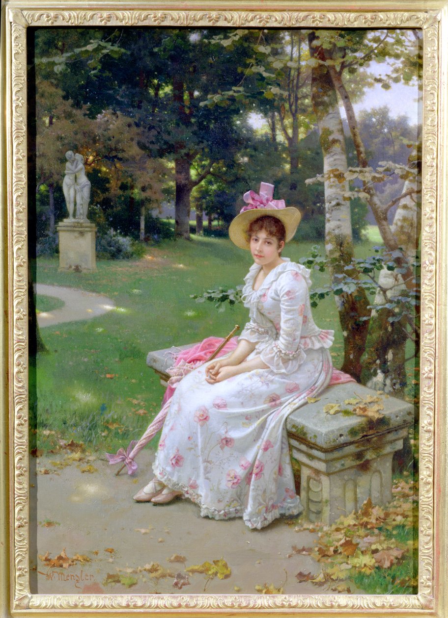Jeune femme attendant sur un banc de parc avec une ombrelle - Wilhelm Menzler