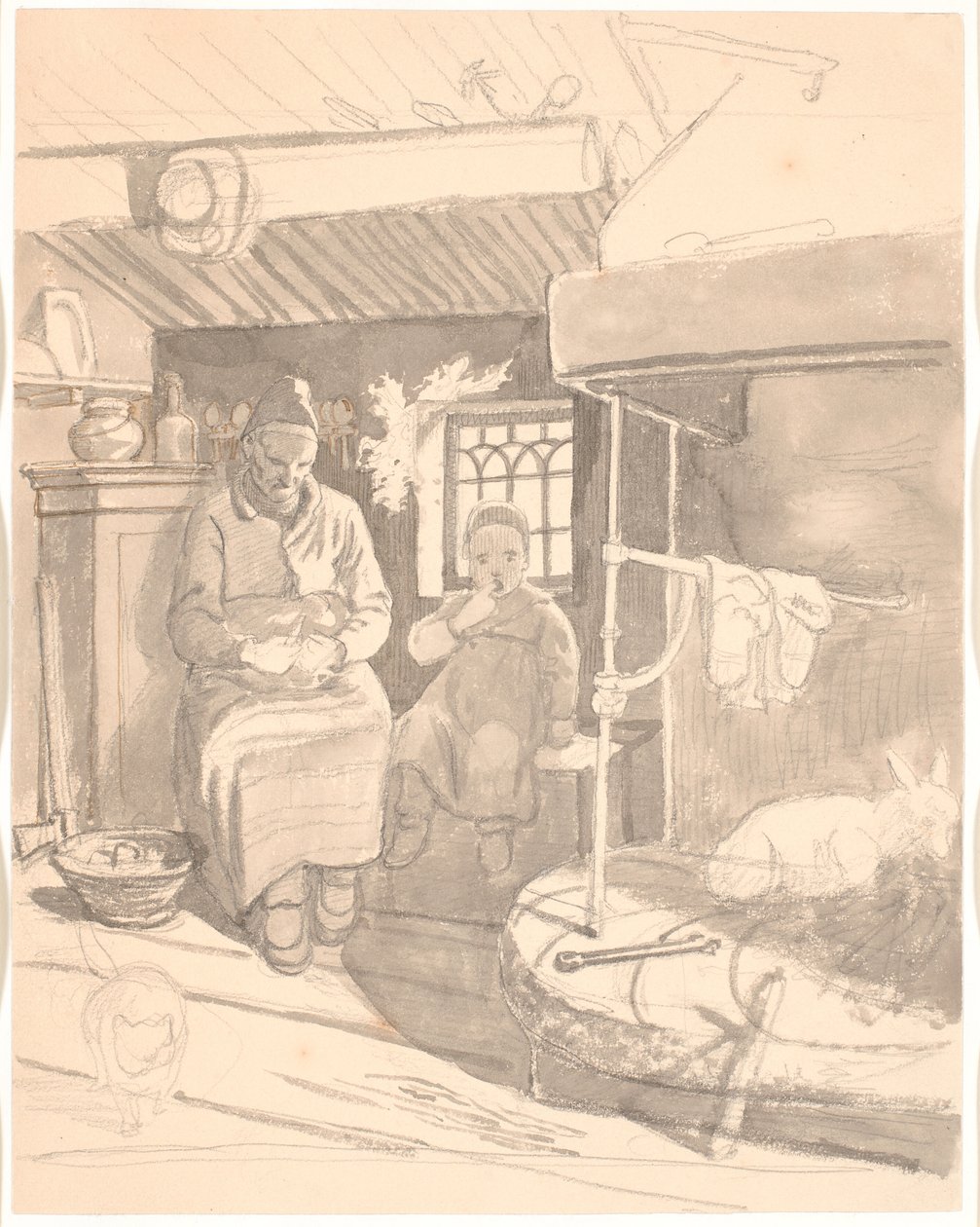 Ferme suédoise avec vieille femme et enfant - Wilhelm Marstrand