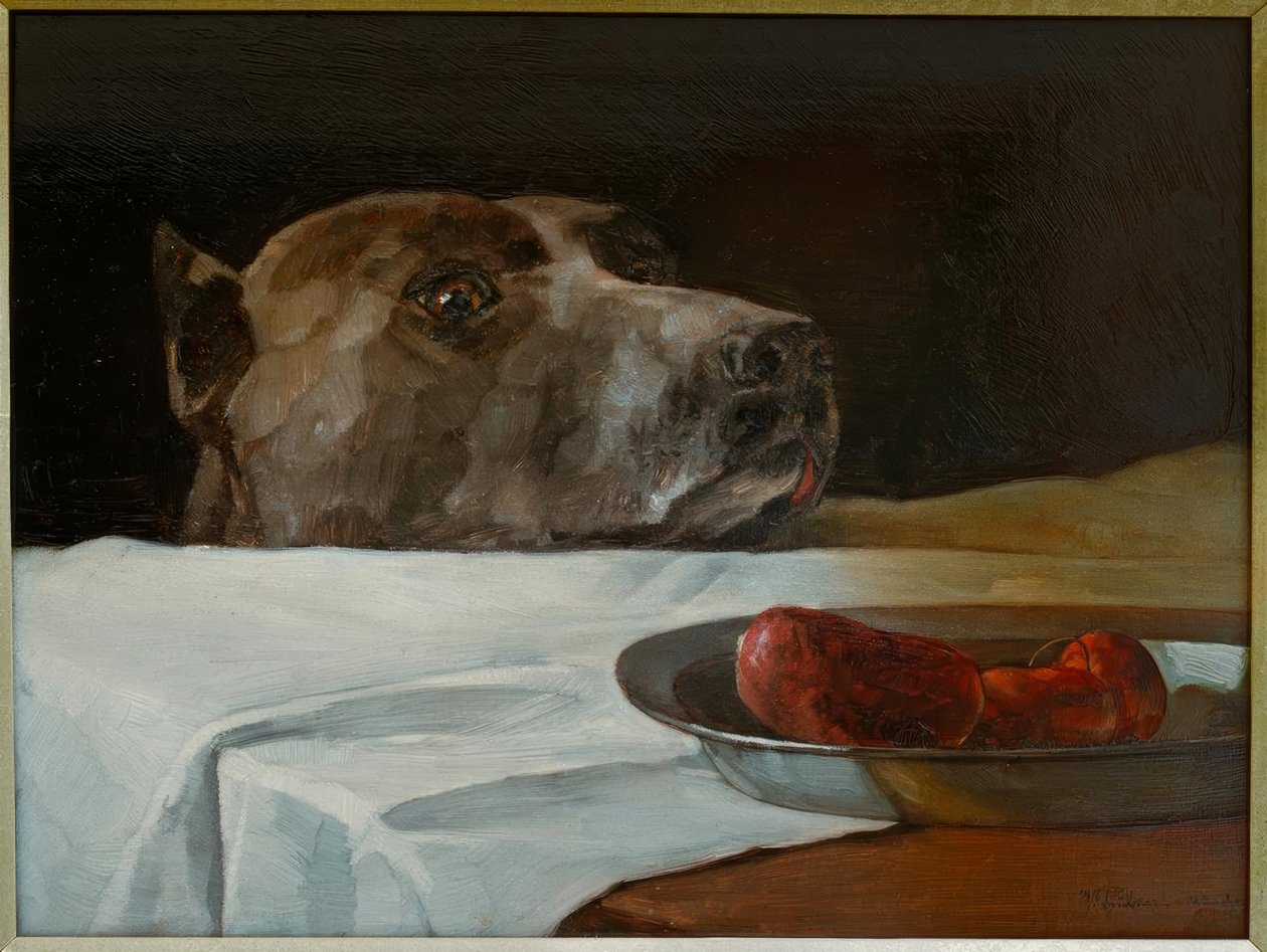 Dogge avec un plat de saucisses - Wilhelm Trübner
