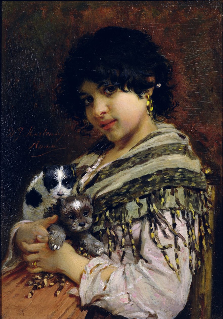 Jeune fille gitane avec deux chiots - Willem Johannes Martens