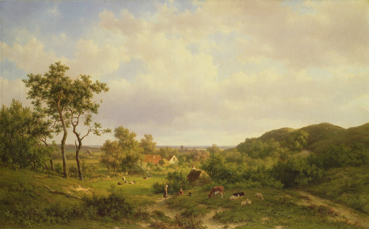 Paysage hollandais avec vaches et personnages, 19ème siècle - Willem Vester