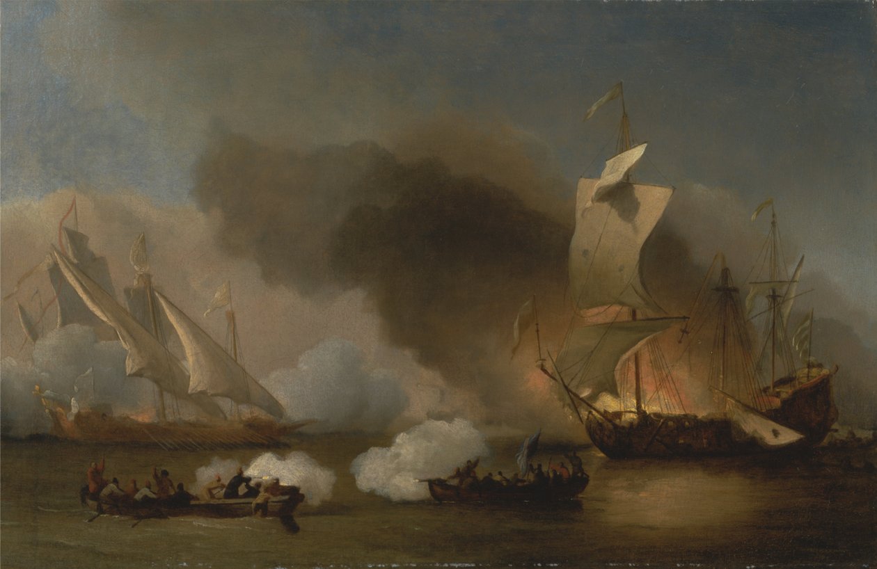 Une action au large de la côte barbaresque avec galères et navires anglais - Willem van de Velde the Younger