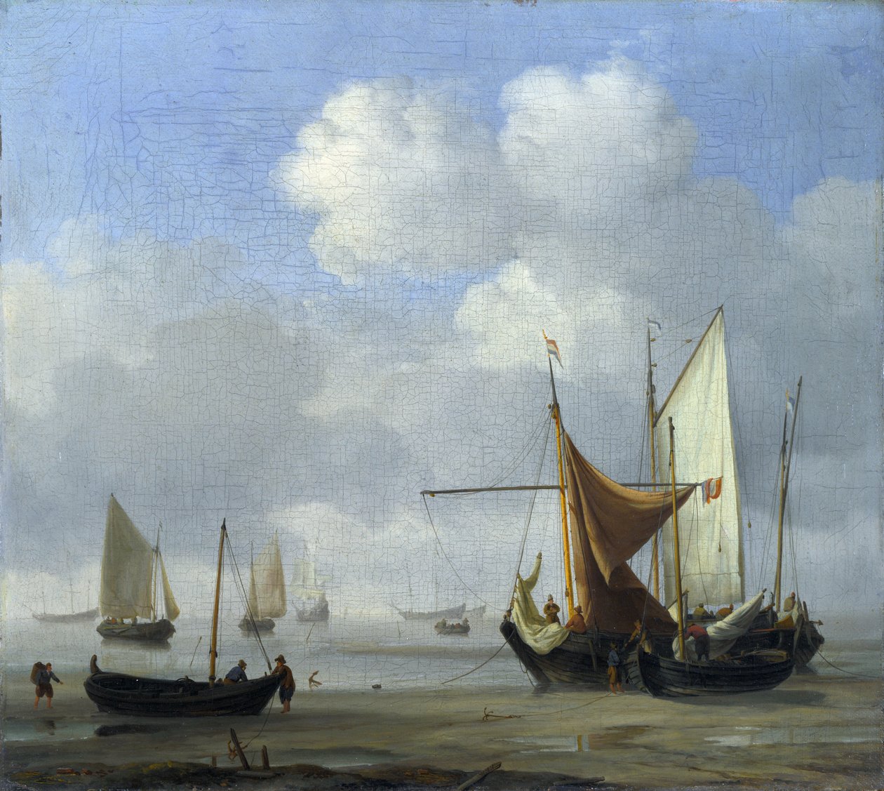 Petits navires hollandais échoués à marée basse par temps calme - Willem van de Velde the Younger