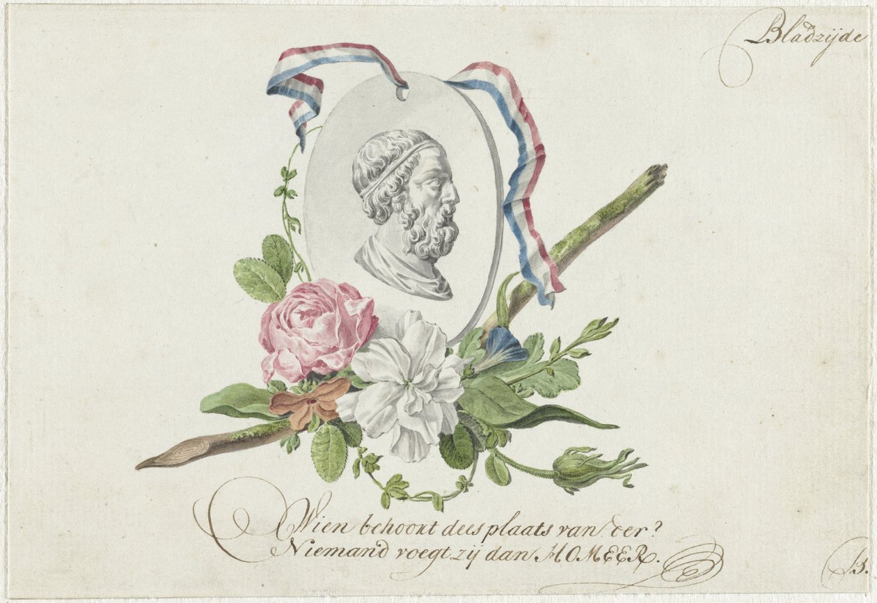 Vignette avec fleurs, médaillon de portrait et ruban - Willem Bilderdijk