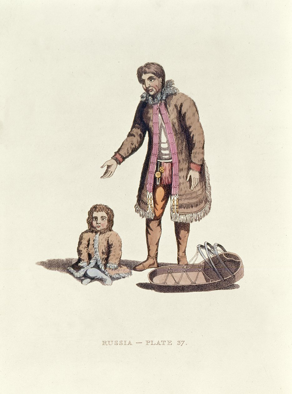 Femme Samoyède avec son bébé et un berceau de Dress of the Russians, 1814 - William Alexander