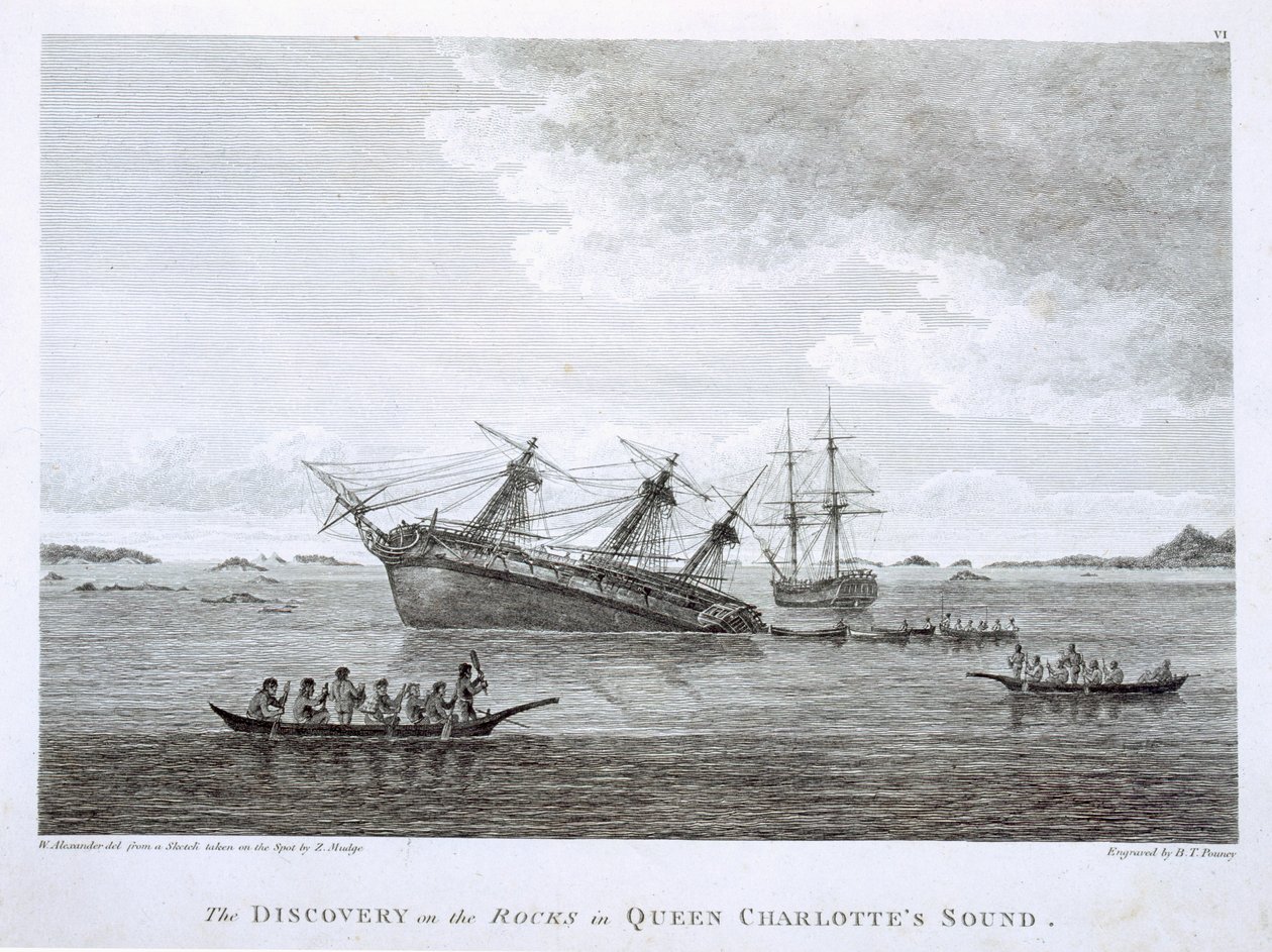 La découverte sur les rochers dans le détroit de la Reine Charlotte, gravée par B.T. Pouney, c.1790-99 - William Alexander