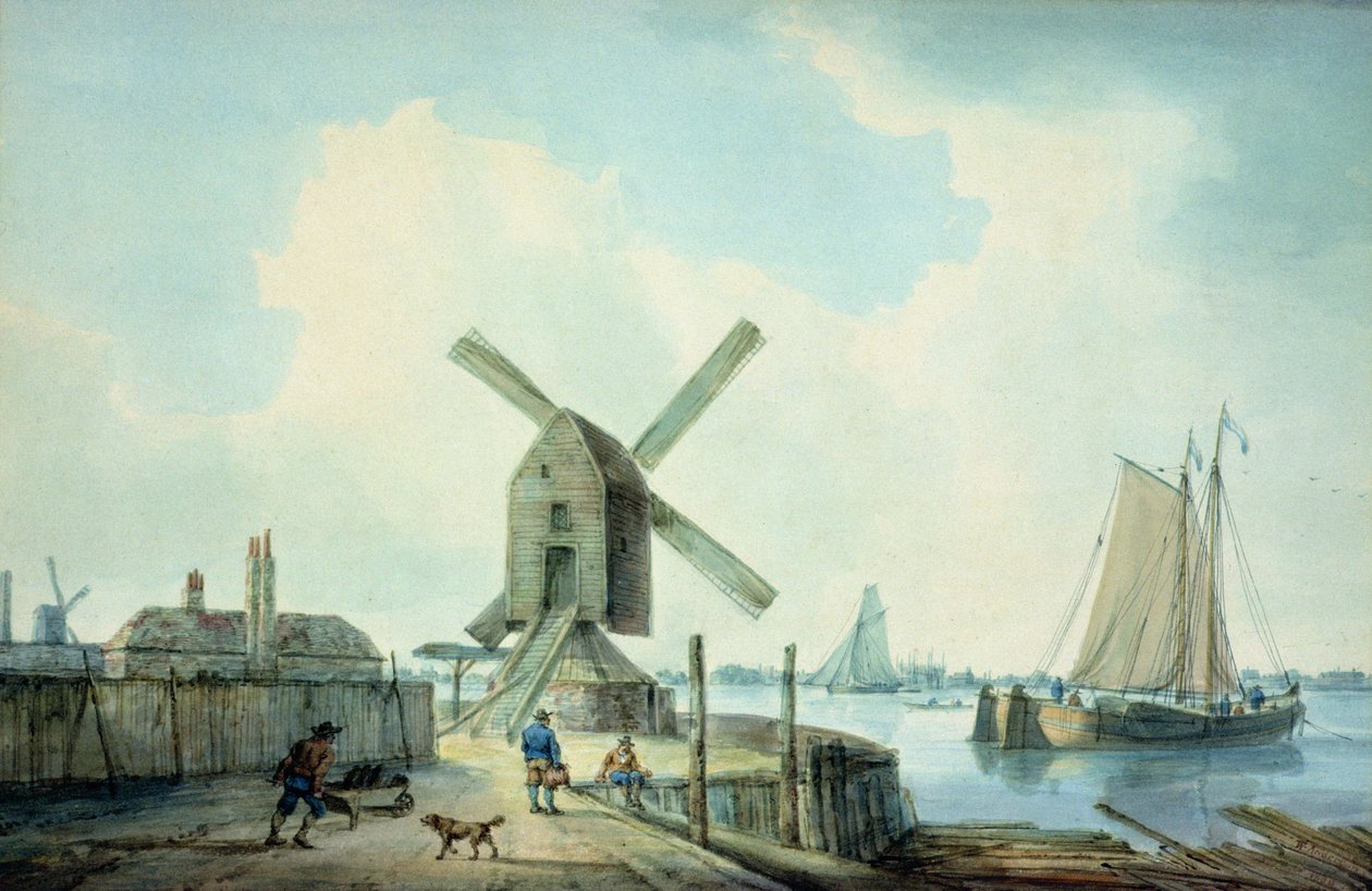 Scène de rivage avec moulins à vent et navires - William Anderson