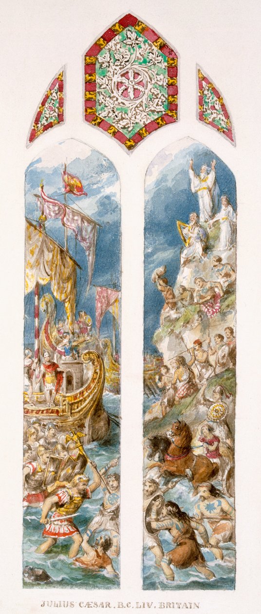 Jules César arrive sur les côtes de la Grande-Bretagne, 54 av. J.-C., dans des trimarans, attaqué par des Bretons peints en woad, c.1880 - William Bell and Boyd, Alice Scott