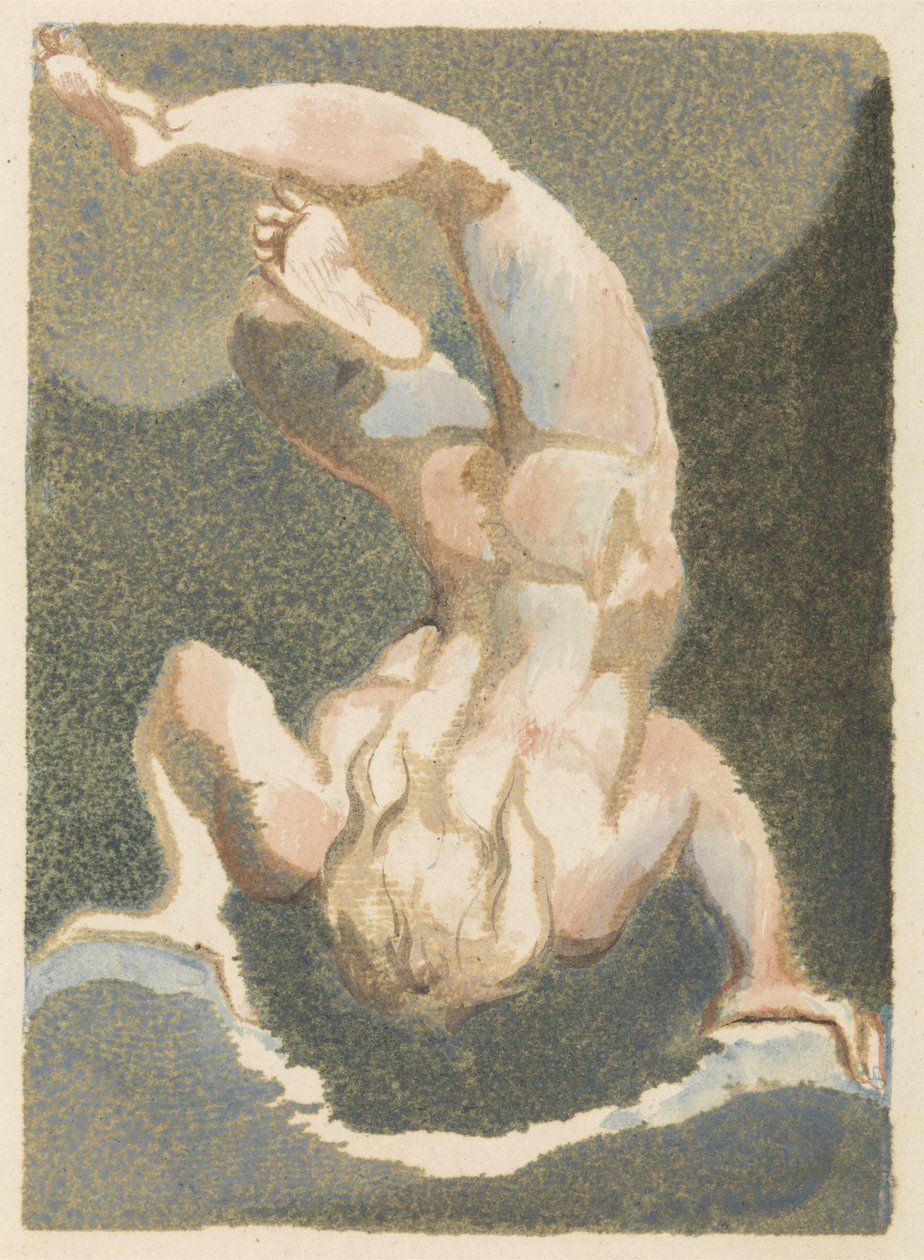 Un homme musclé et nu, qui semble être descendu pour se reposer sur ses mains, tête en bas, sur des rochers et des nuages, planche 15 du Premier Livre d