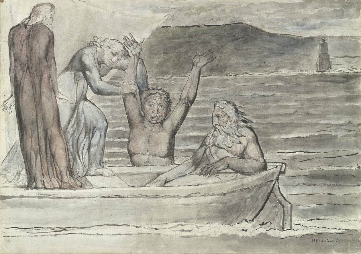 Dante et Virgile dans la barque de Phlégias sont salués par Filippo Argenti, illustration de la Divine Comédie de Dante Alighieri, 1824-27 - William Blake