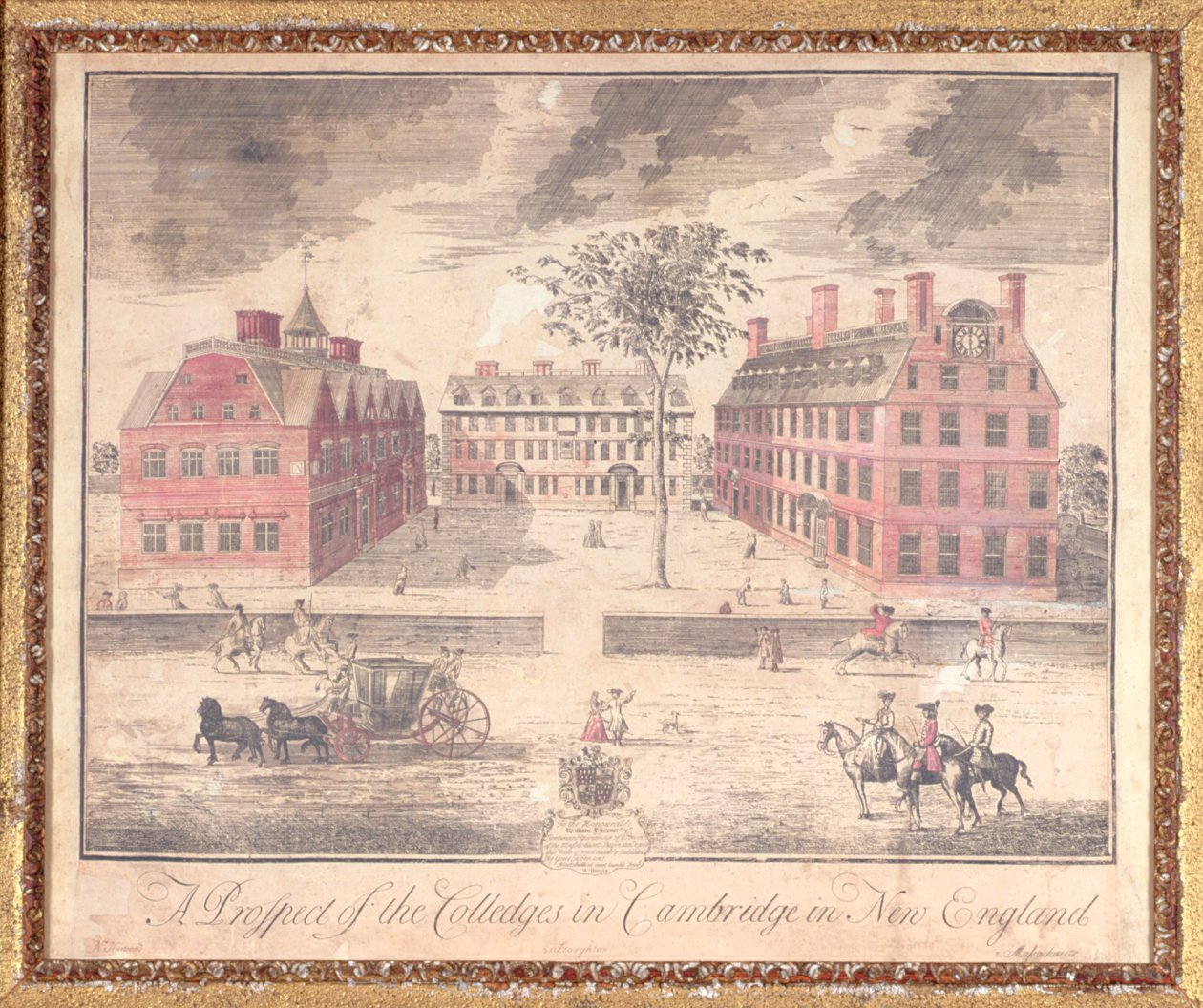 Une perspective des collèges de Cambridge en Nouvelle-Angleterre, gravure attribuée à John Harris, 1726 - William Burgis