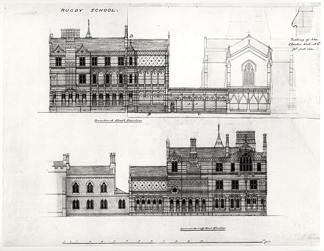 Élévations ouest et nord, nouvelle école, Rugby School, 1867 - William Butterfield