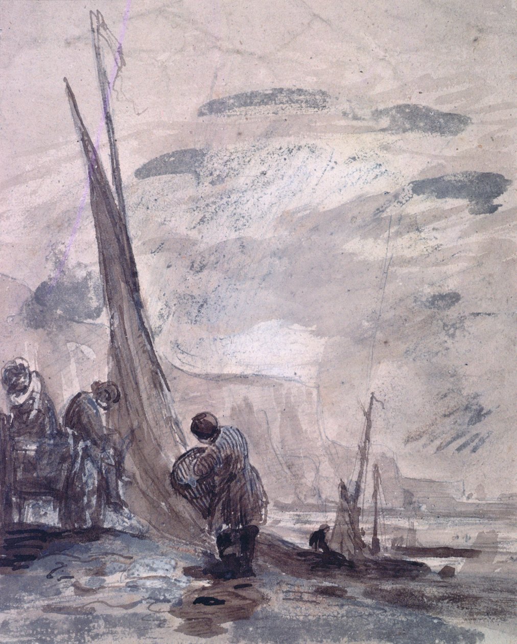 Figures avec charrette et bateaux sur le rivage, près des falaises, XIXe siècle - William Collins