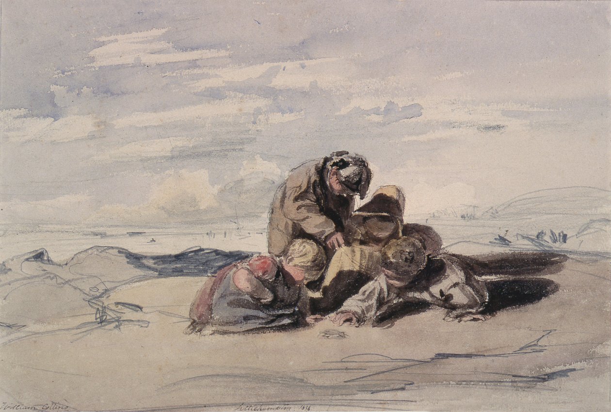 Littlehampton : Étude de plage avec des enfants jouant sur le sable - William Collins