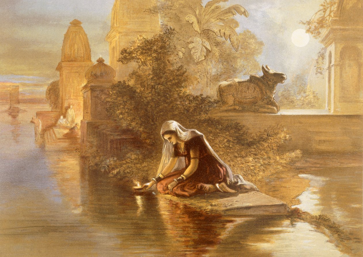 Femme indienne flottant des lampes sur le Gange, de 