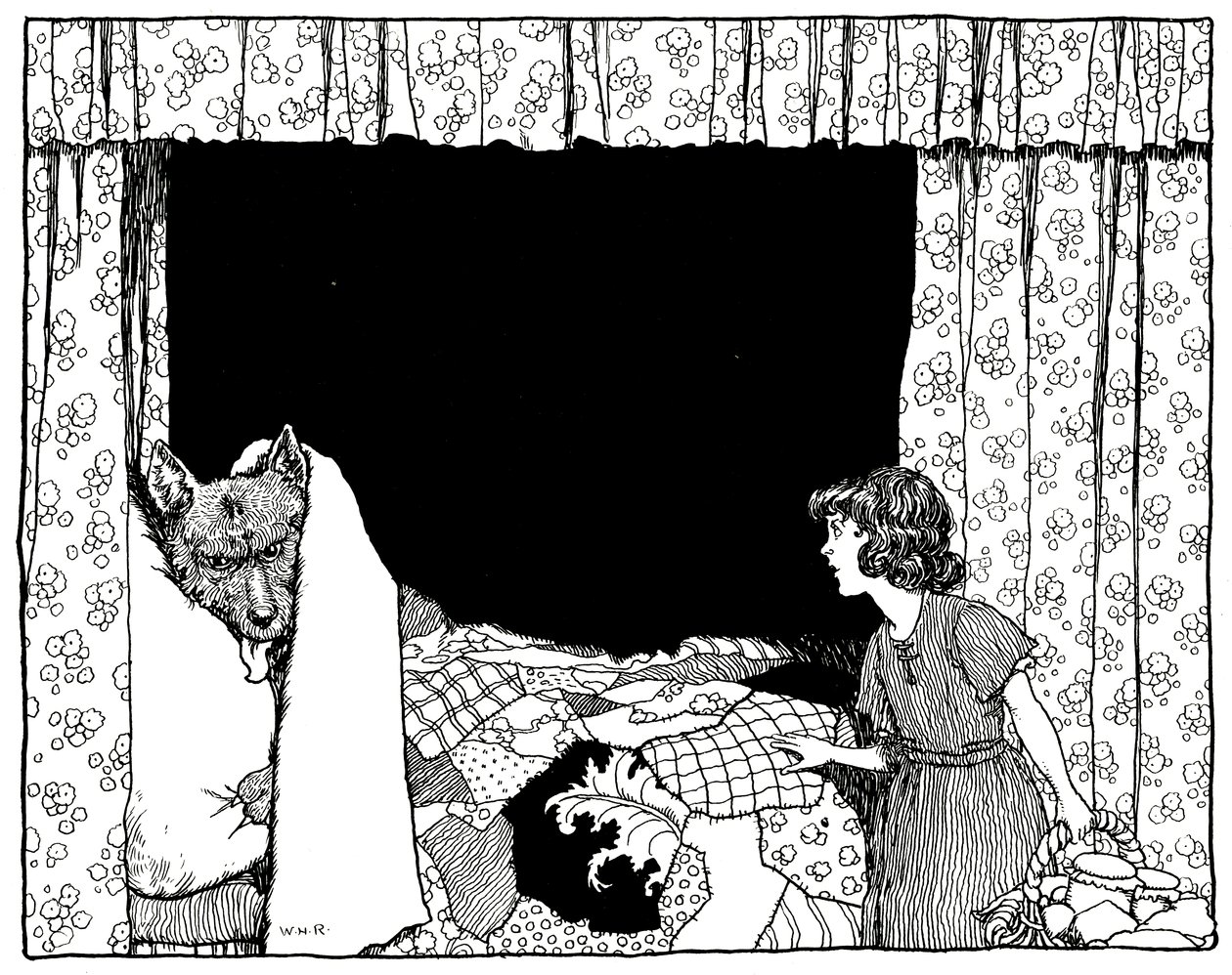 Le Petit Chaperon Rouge est allé au chevet, illustration des Contes du temps passé de Charles Perrault, pub. par Constable & Co Ltd, 1921 - William Heath Robinson