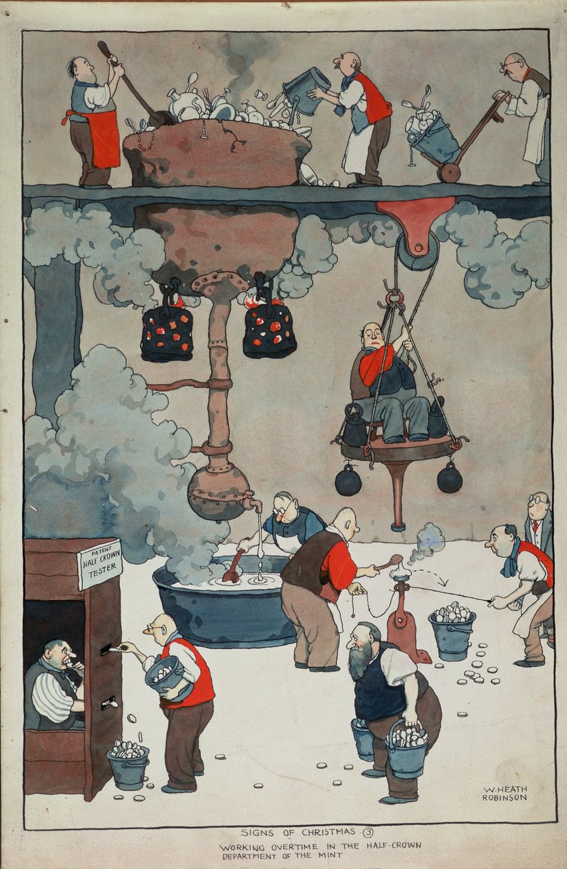 Signes de Noël. Travail supplémentaire dans le département des demi-couronnes de la Monnaie - William Heath Robinson