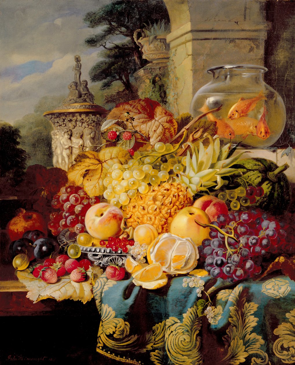 Nature morte de fruits sur un rebord avec un bocal à poissons rouges, 1876 - John Wainwright