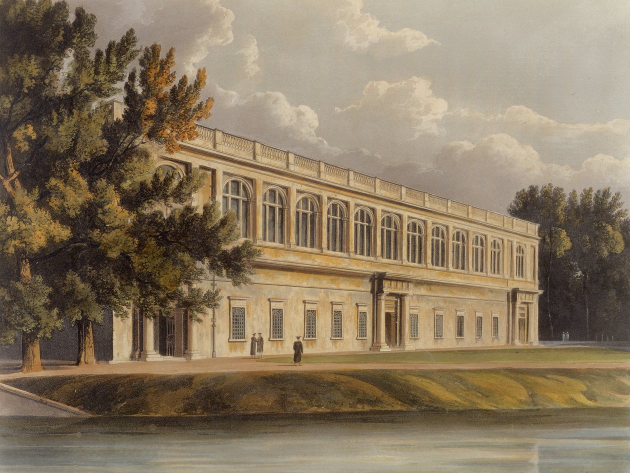Extérieur de la bibliothèque de Trinity depuis les jardins de St. Johns, Cambridge, de L