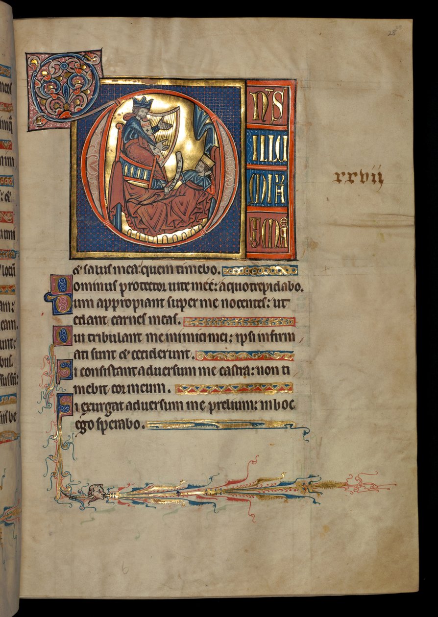 Psautier de De Brailes, Ps 26, initiale D, David jouant de la harpe devant Saül, illustration - William de Brailes  