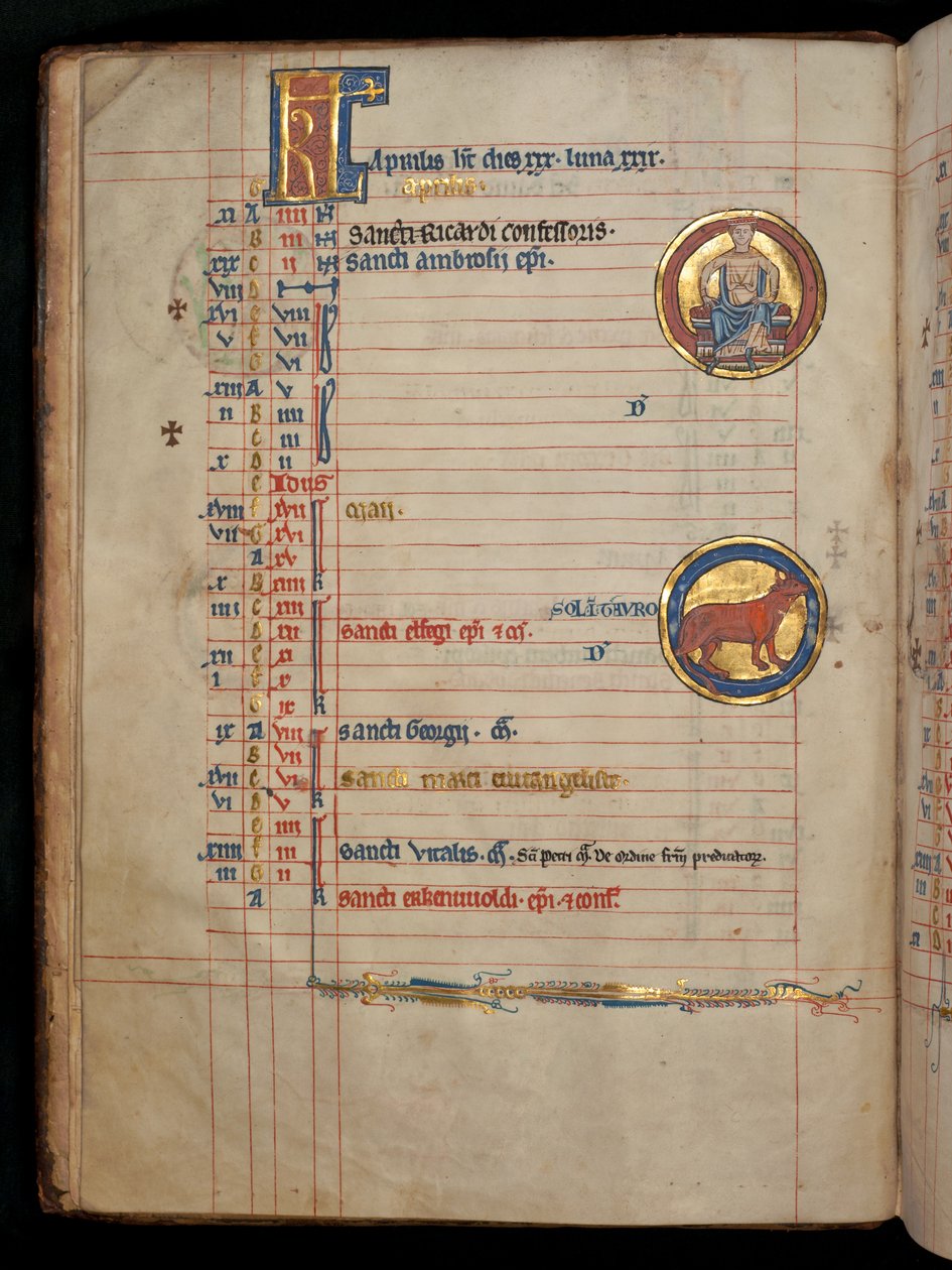 Ms 322 f.2v, Avril, un homme assis tenant deux fleurs, illustration du 