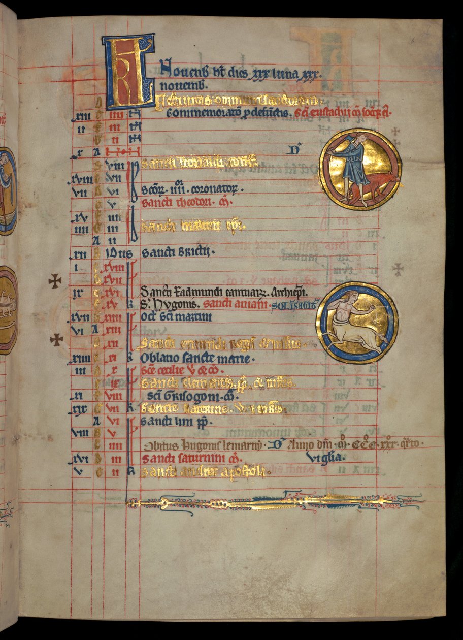 Ms 322 f.6r, Novembre, un homme abattant un cochon, illustration du 