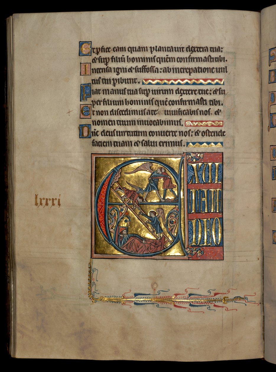 Ms 322 f.82v, Psaume 80, initiale E, Jacob luttant avec l