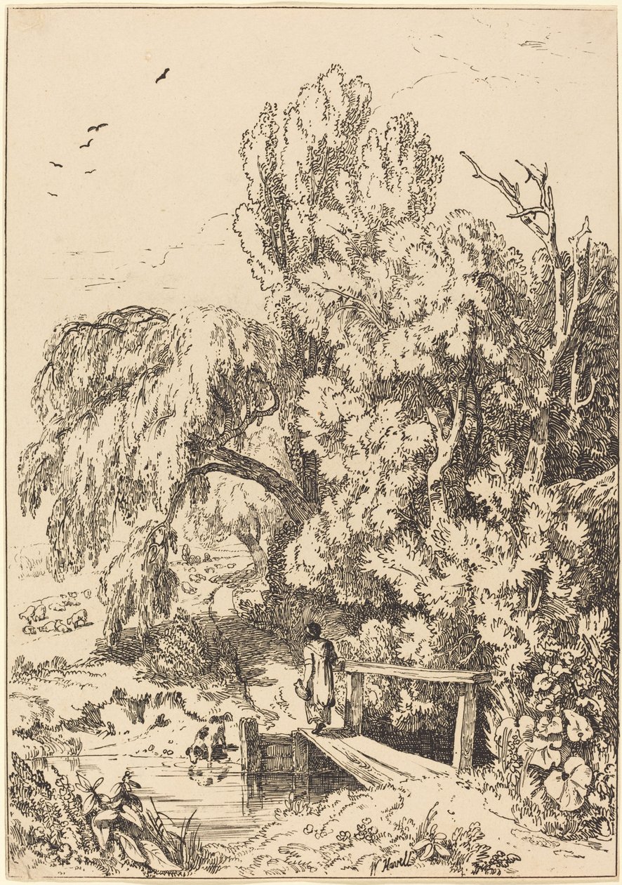 Paysage avec Arbres, Fille Traversant une Passerelle - William Havell