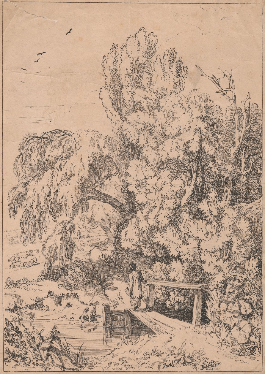 Paysage avec arbres, filles traversant une passerelle - William Havell
