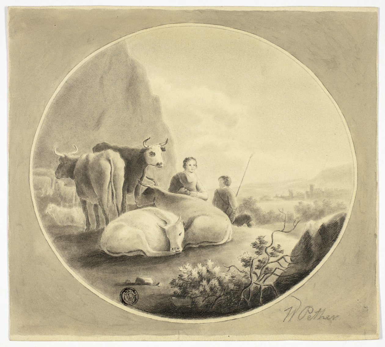 Gardiens de troupeaux, vaches et moutons dans le paysage - William Pether