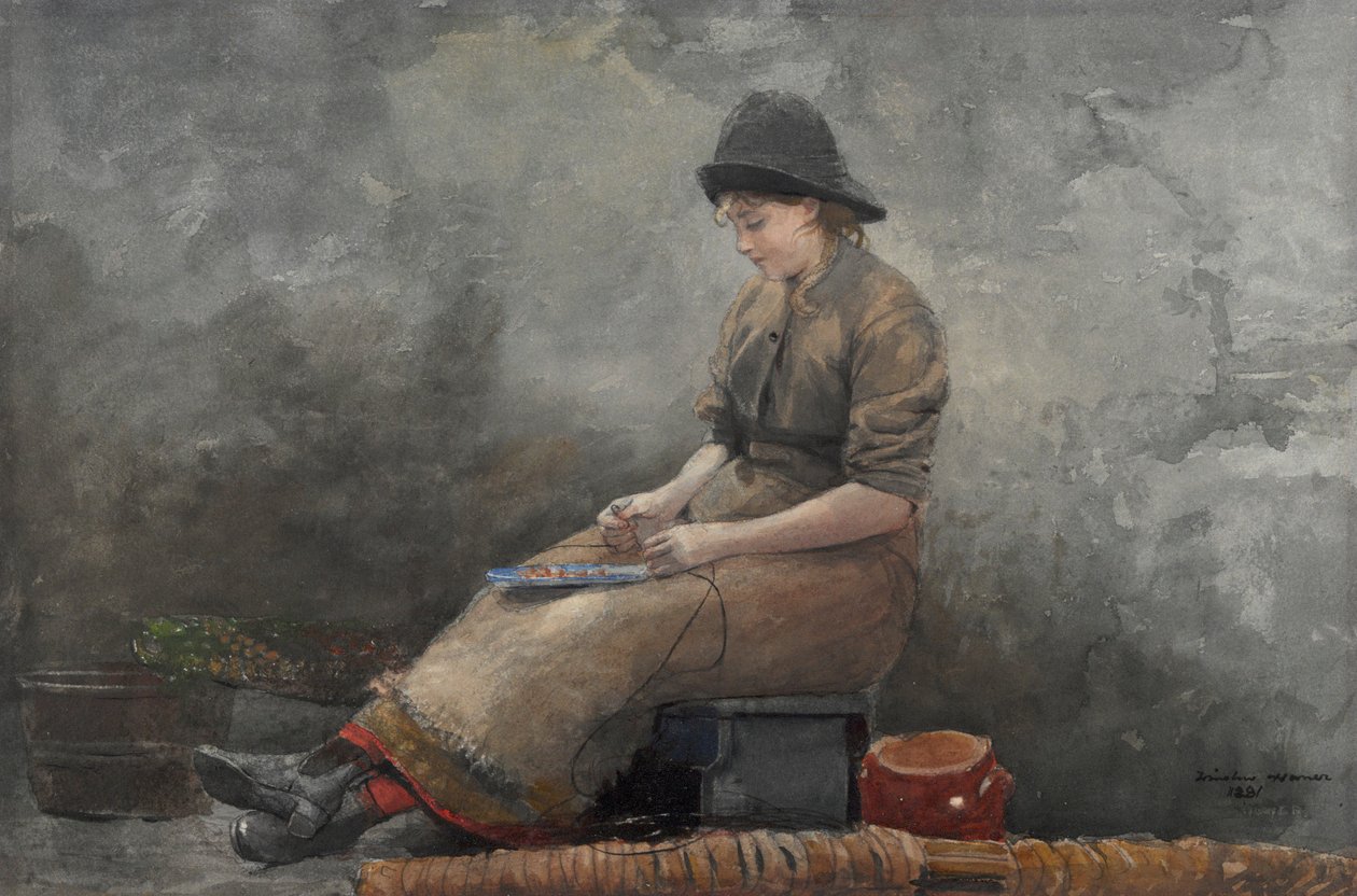 Une pêcheuse appâtant des lignes - Winslow Homer