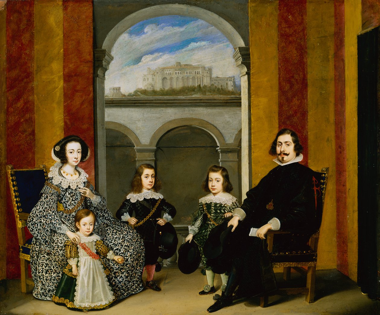 Francesco Tapia, Comte del Vasto, avec sa Famille assis dans un intérieur du Palazzo Tapia avec une Vue du Castello di Sant Elmo - Wolfgang Heimbach