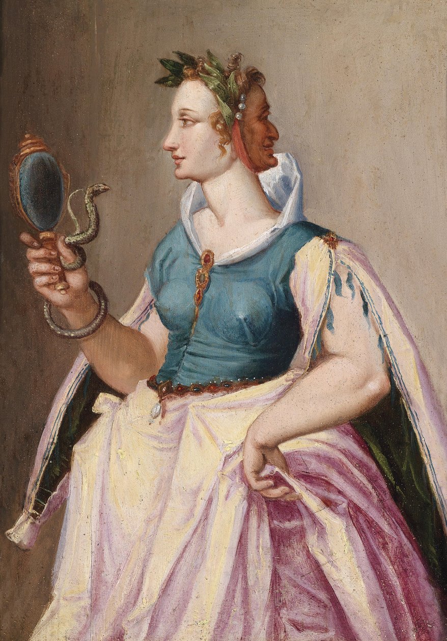 Allégorie de la vanité, une femme à deux visages avec un miroir entouré d