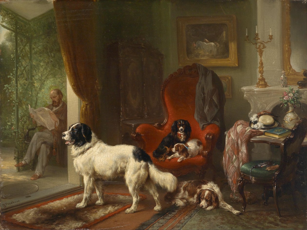 Intérieur avec chiens, vue sur une pergola - Wouterus Verschuur