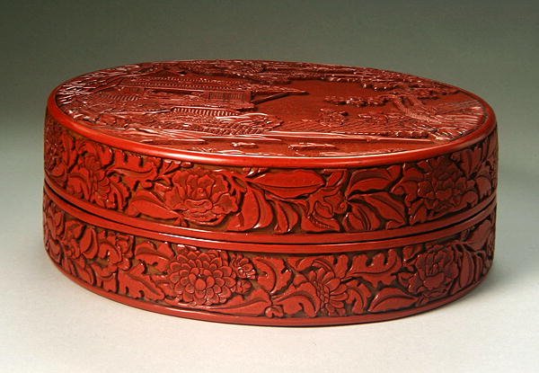 Boîte circulaire en cinabre sculpté avec couvercle - Yuan Dynasty Chinese School