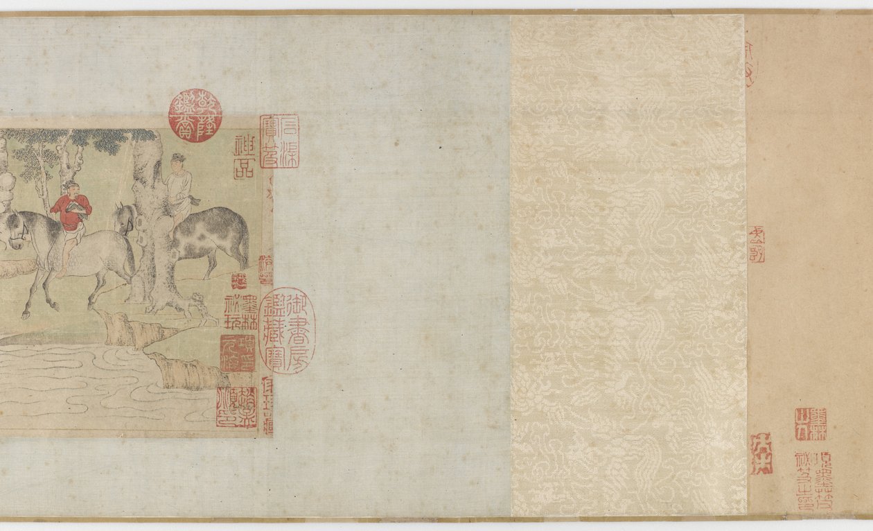 Chevaux et palefreniers traversant une rivière, dynastie Yuan ou début Ming, 14ème siècle - Zhao Mengfu Chao Meng Fu or