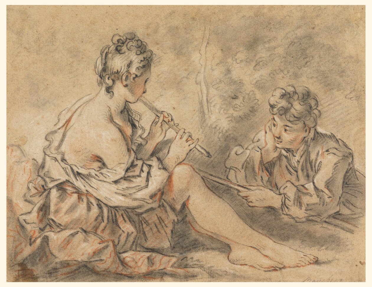 Bergère jouant de la flûte pour un berger - after Francois Boucher