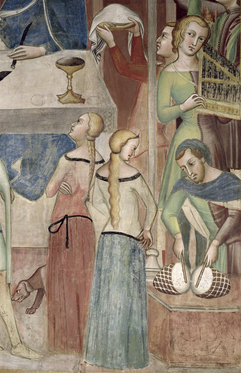 Satan demandant à Dieu de tenter Job, détail des musiciens, 1356-67 - also Manfredi de Battilori Bartolo di Fredi
