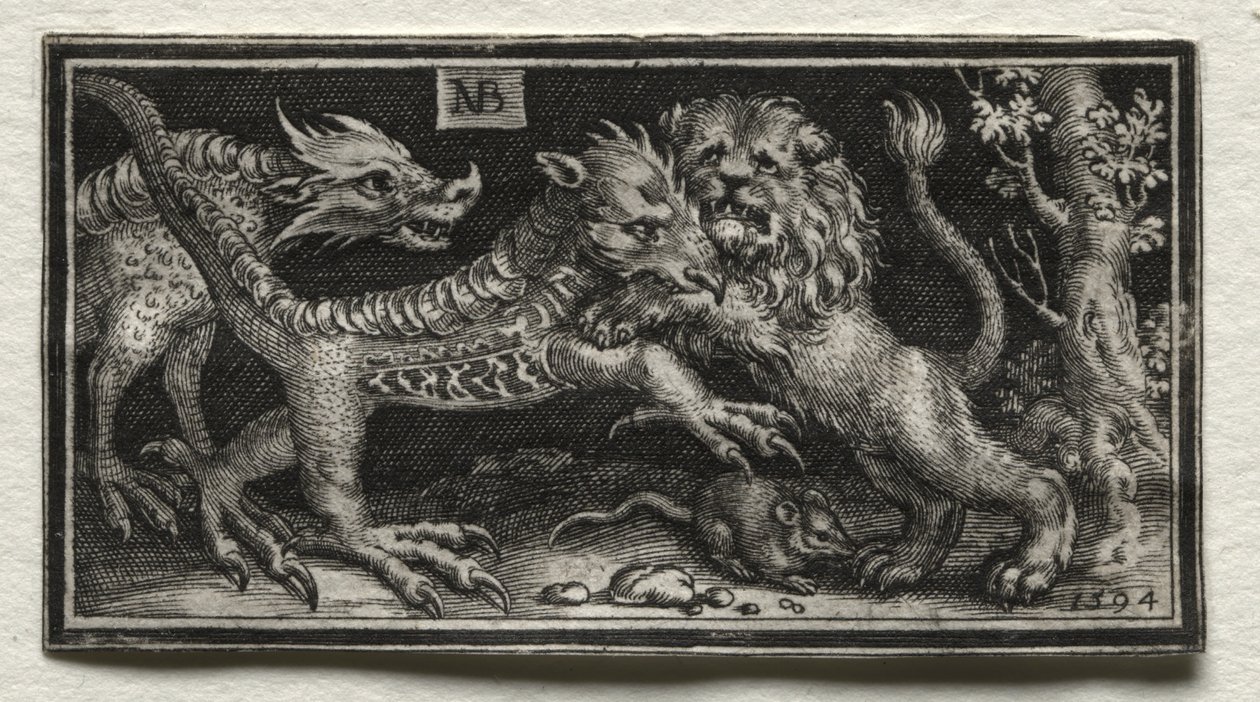 Lion combattant deux bêtes - attributed to Tobias Stimmer